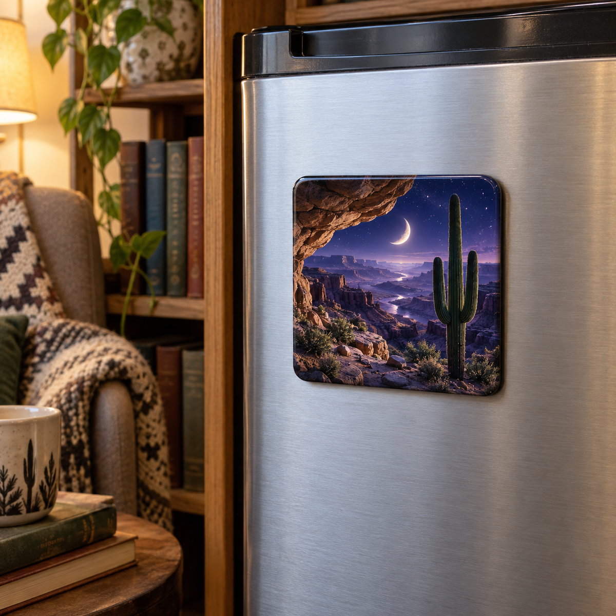 Saguaro Moonstone Alcove Acrylic Refrigerator Magnet with printed optical 3D artwork in its use setting