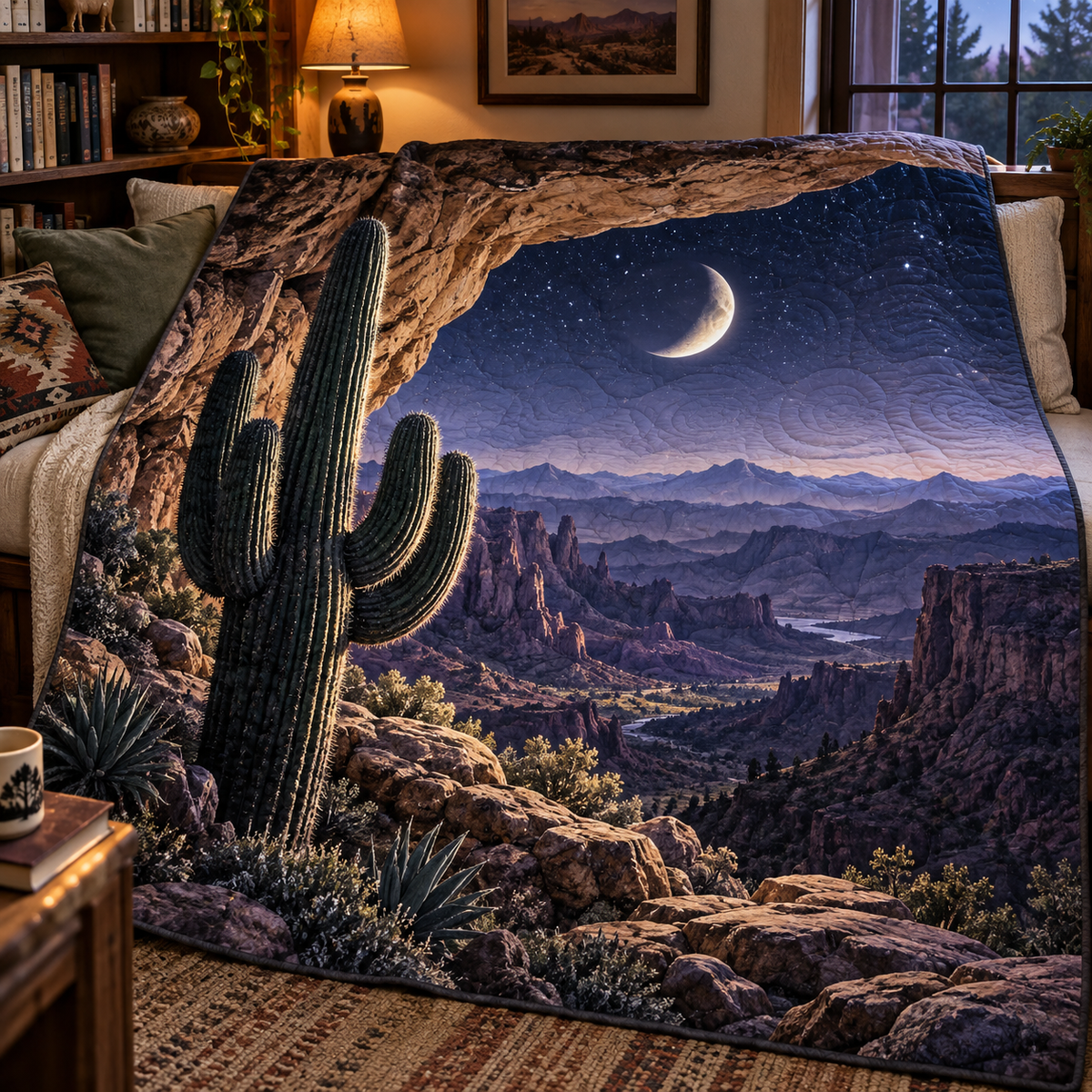 Saguaro Moonstone Alcove Quilt Blanket with printed optical 3D artwork in its use setting