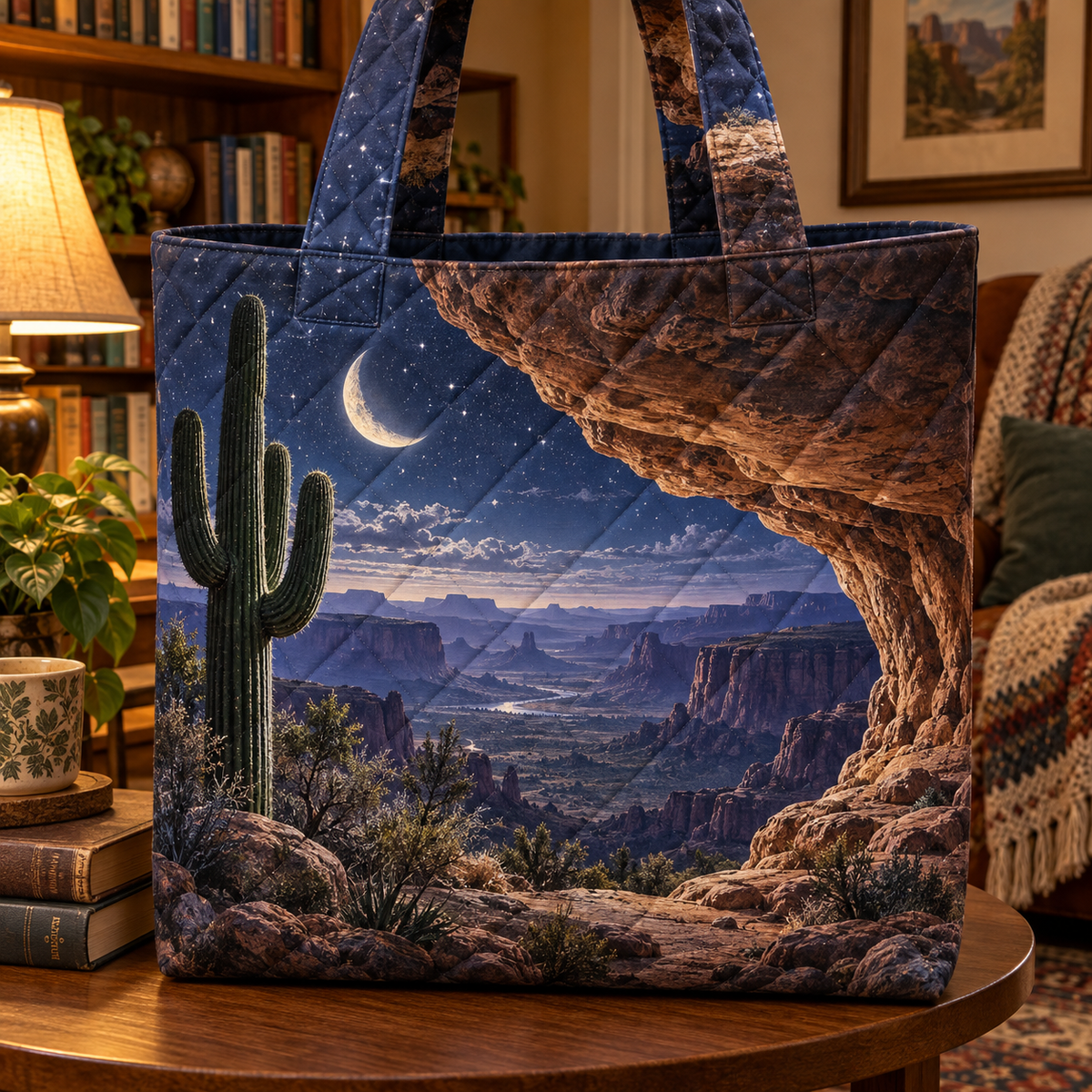 Saguaro Moonstone Alcove Quilted Tote Bag with printed optical 3D artwork in its use setting