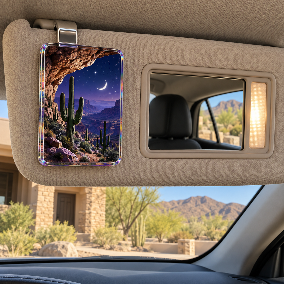 Saguaro Moonstone Alcove Holographic Car Visor Clip with printed optical 3D artwork in its use setting