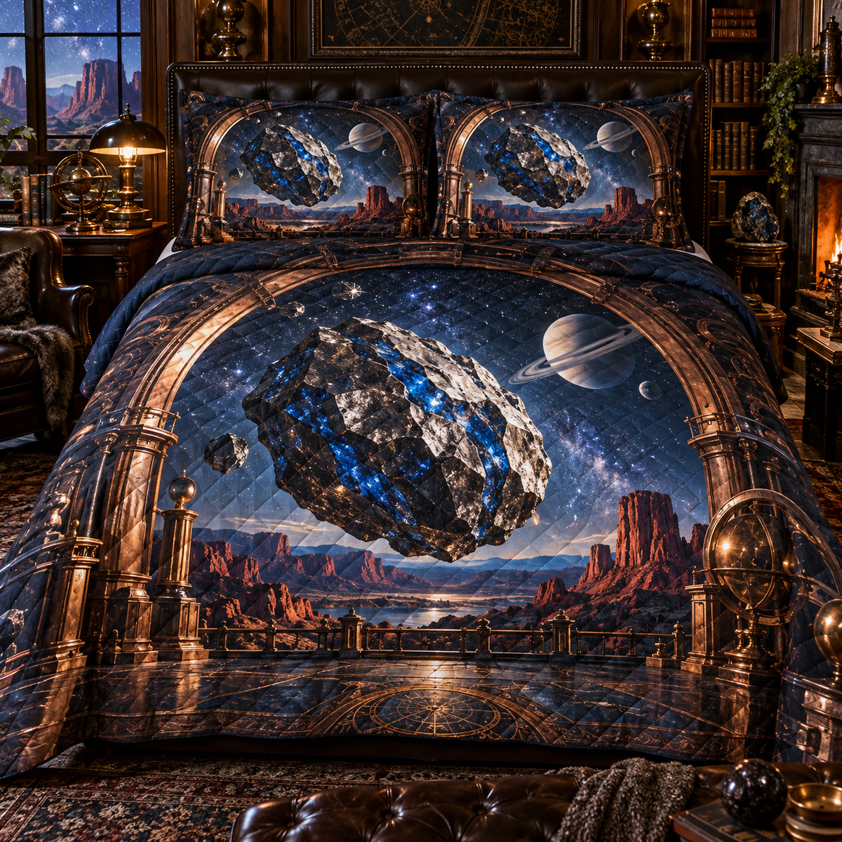 Meteorite Lapis Observatory Quilted Bedding Set with printed optical 3D artwork in its use setting