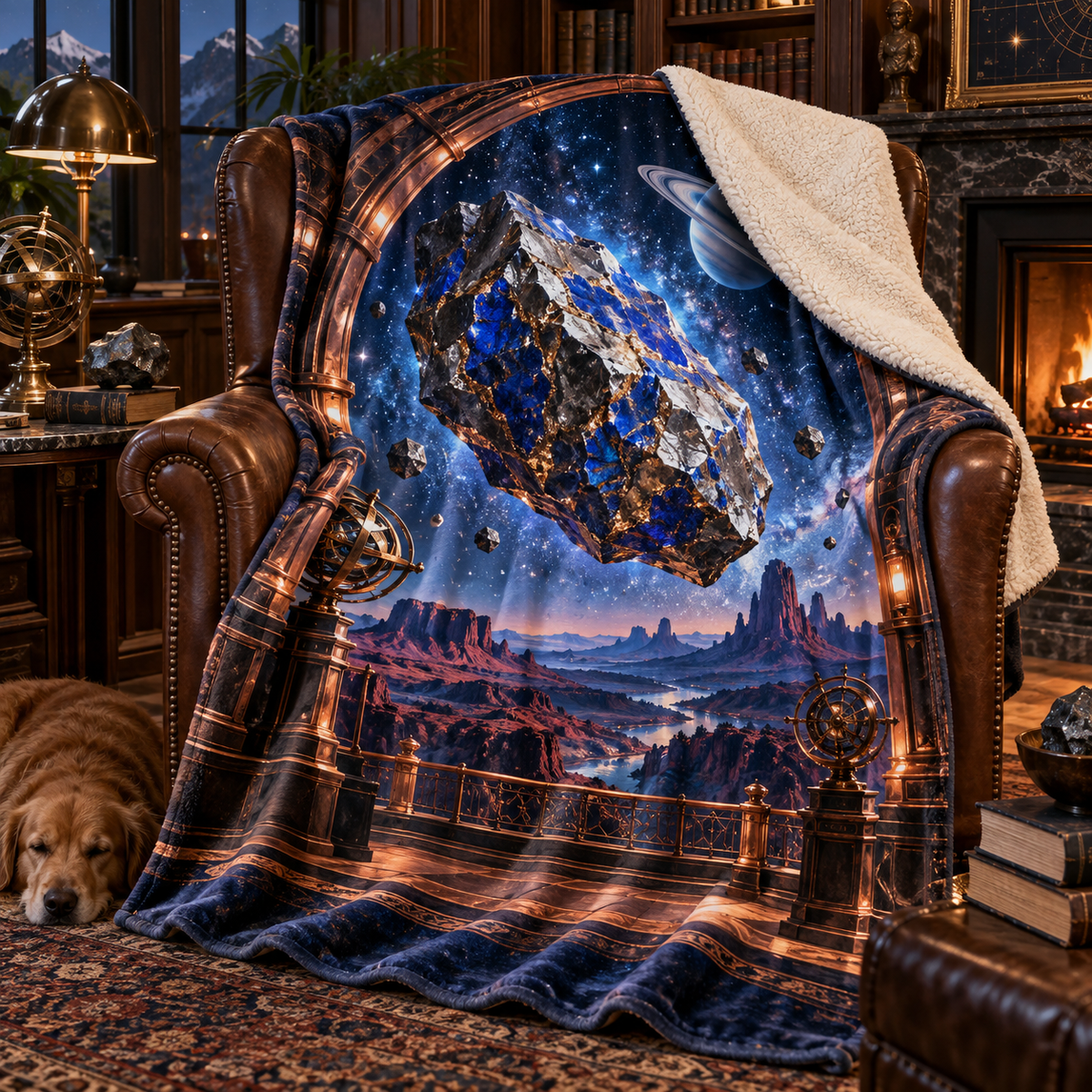 Meteorite Lapis Observatory Sherpa & Fleece Blanket with printed optical 3D artwork in its use setting