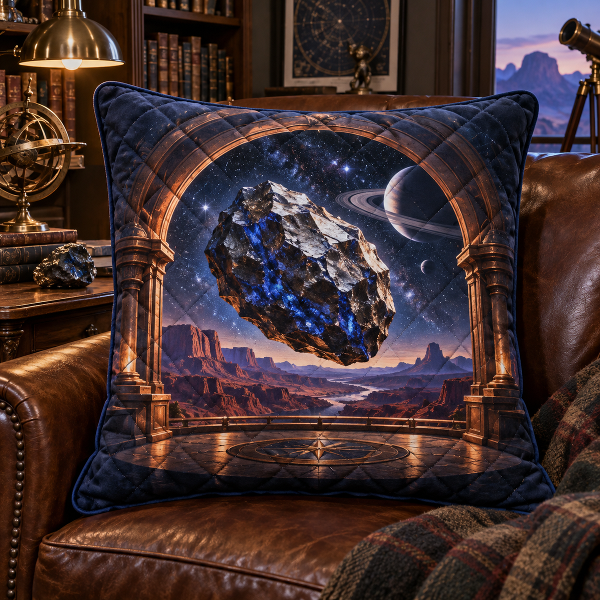 Meteorite Lapis Observatory Quilted Cushion Cover with printed optical 3D artwork in its use setting