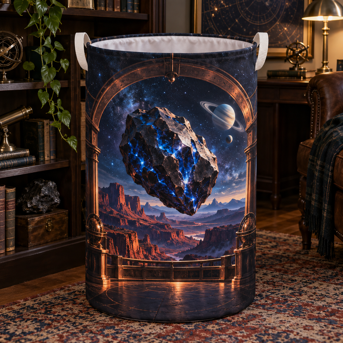 Meteorite Lapis Observatory Laundry Hamper with printed optical 3D artwork in its use setting