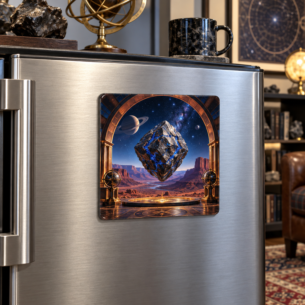Meteorite Lapis Observatory Acrylic Refrigerator Magnet with printed optical 3D artwork in its use setting
