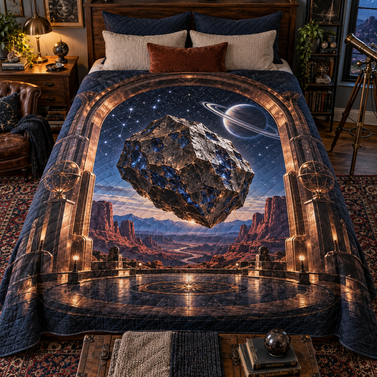 Meteorite Lapis Observatory Quilt Blanket with printed optical 3D artwork in its use setting