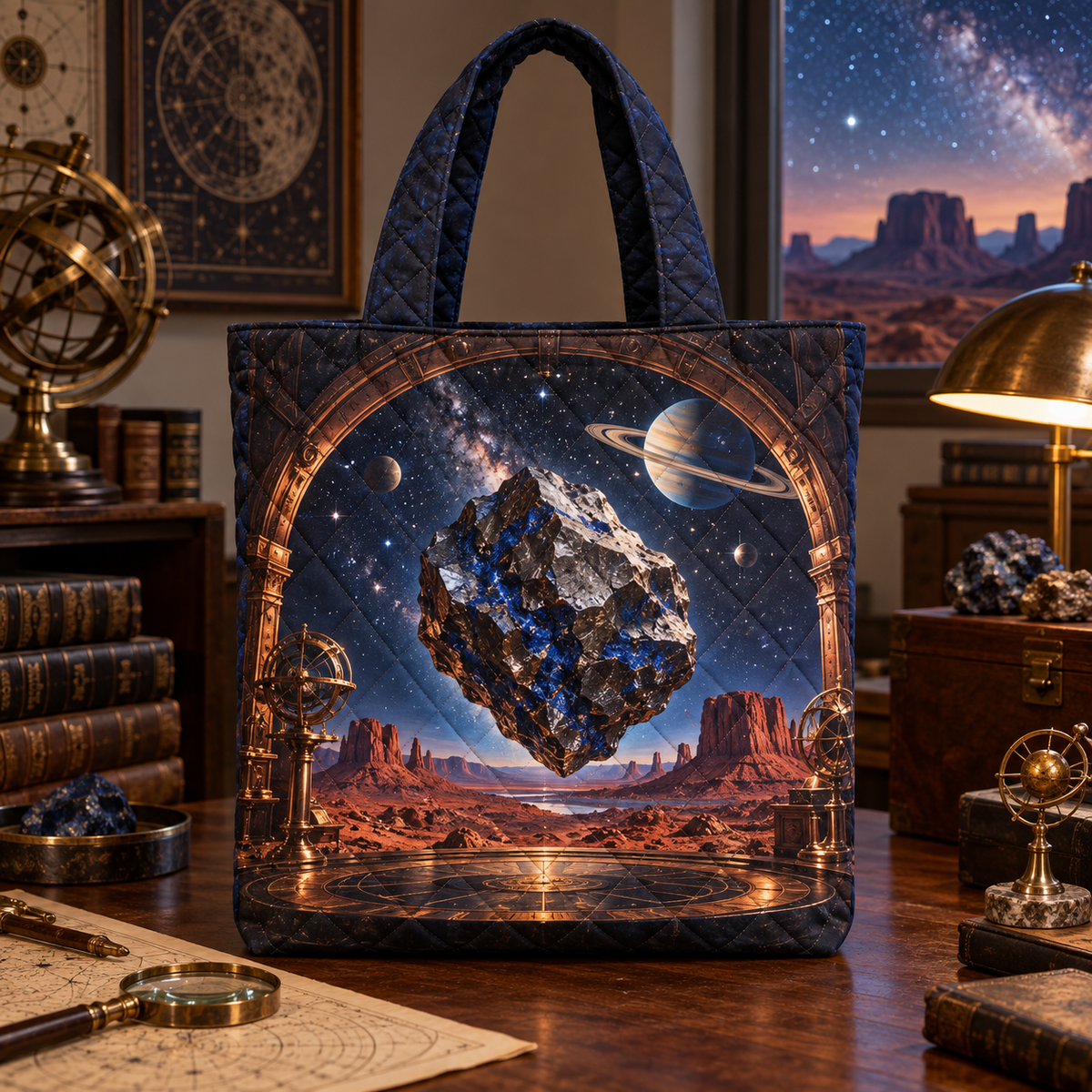 Meteorite Lapis Observatory Quilted Tote Bag with printed optical 3D artwork in its use setting