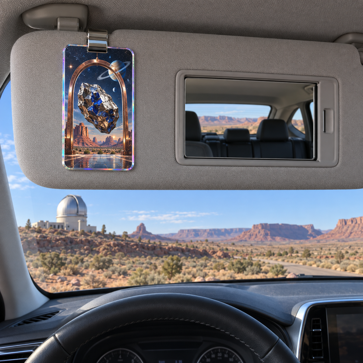 Meteorite Lapis Observatory Holographic Car Visor Clip with printed optical 3D artwork in its use setting