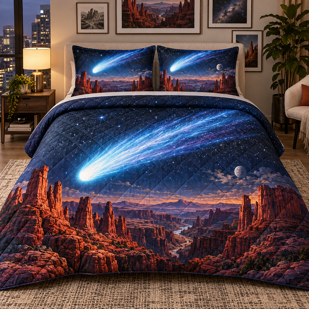 Comet Canyon Gallery Quilted Bedding Set with printed optical 3D artwork in its use setting