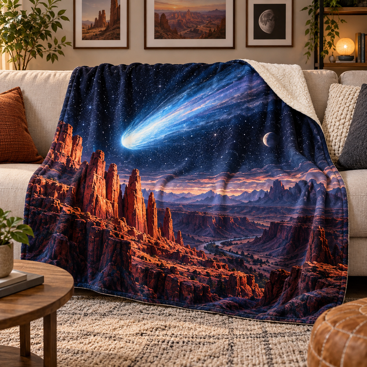 Comet Canyon Gallery Sherpa & Fleece Blanket with printed optical 3D artwork in its use setting