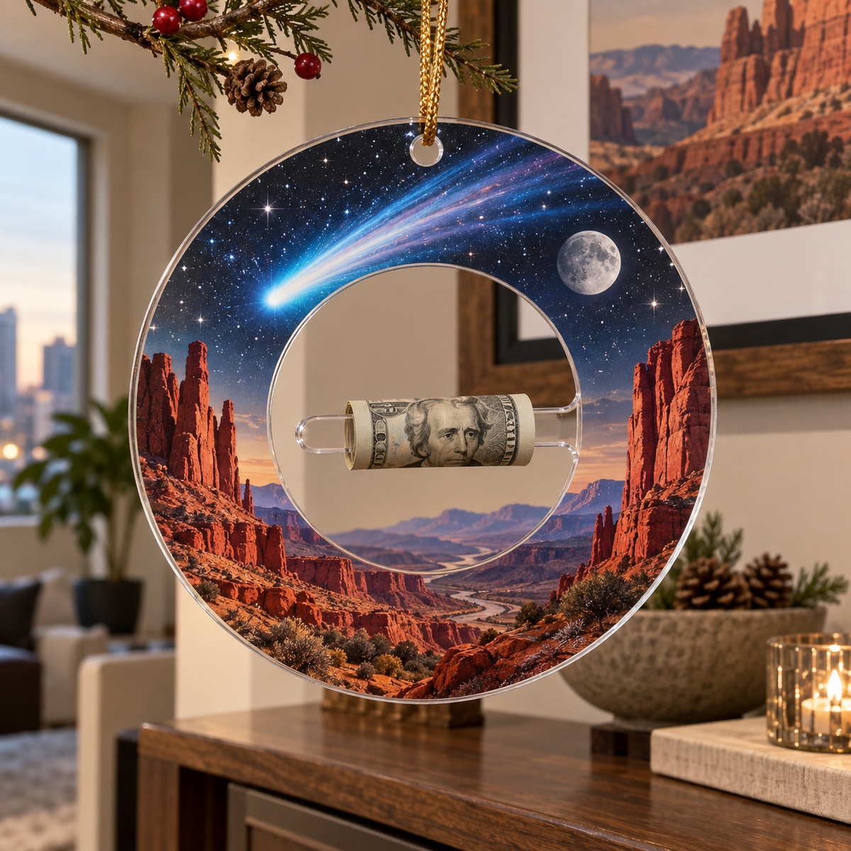 Comet Canyon Gallery Acrylic Cash Holder Ornament with printed optical 3D artwork in its use setting