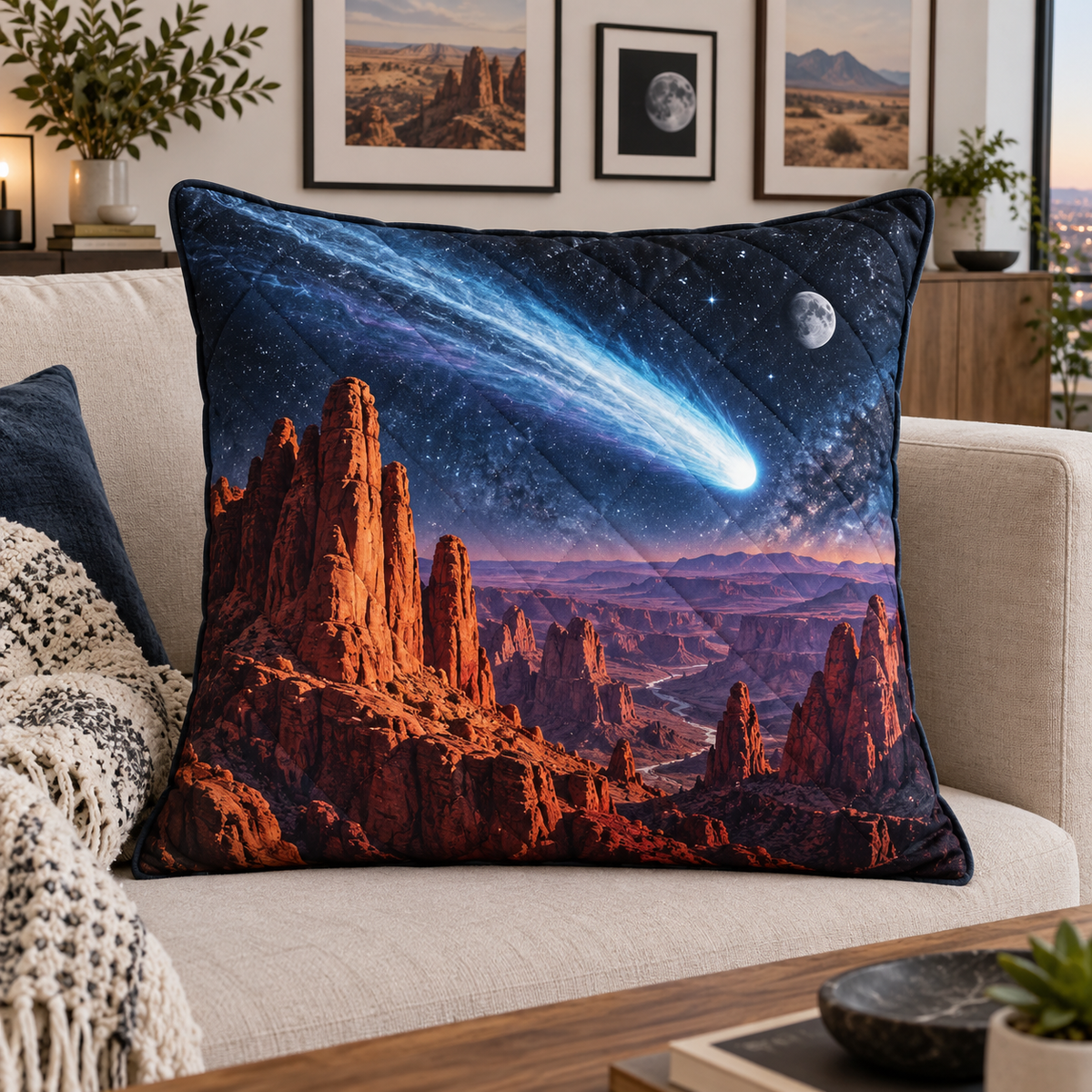 Comet Canyon Gallery Quilted Cushion Cover with printed optical 3D artwork in its use setting