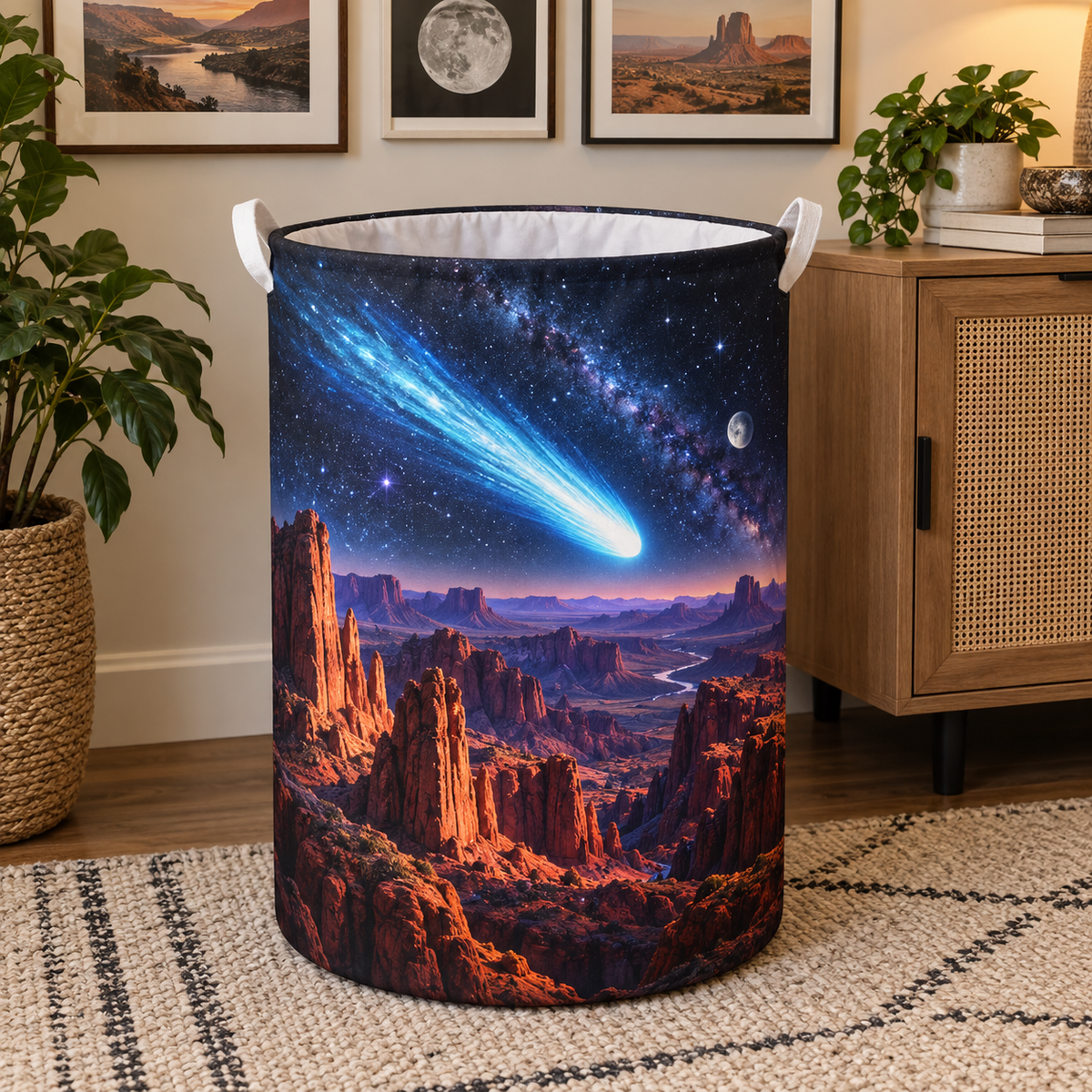 Comet Canyon Gallery Laundry Hamper with printed optical 3D artwork in its use setting