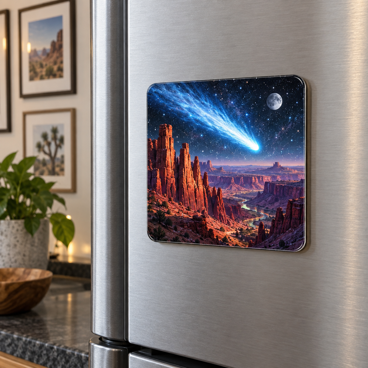 Comet Canyon Gallery Acrylic Refrigerator Magnet with printed optical 3D artwork in its use setting