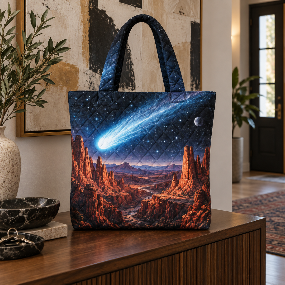 Comet Canyon Gallery Quilted Tote Bag with printed optical 3D artwork in its use setting