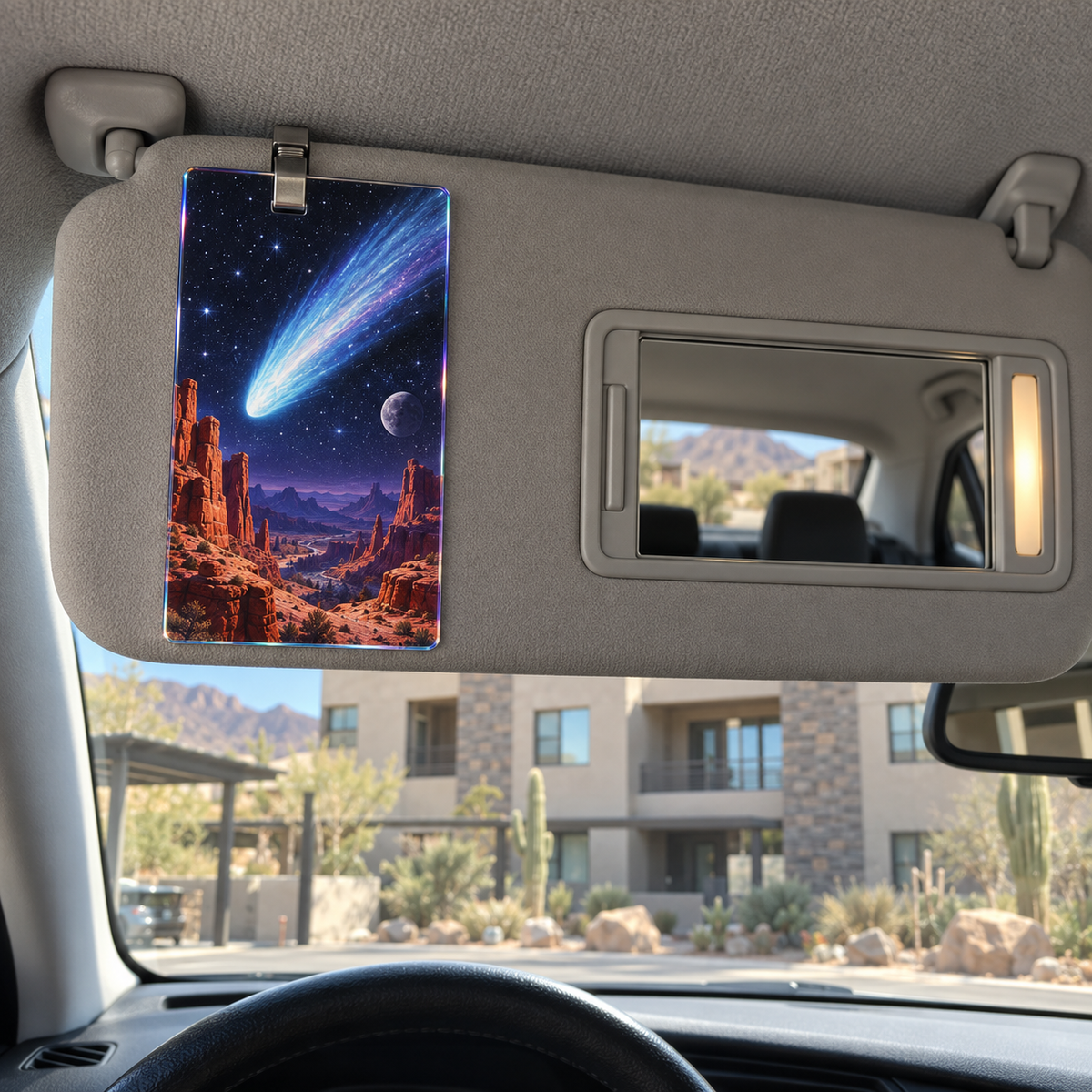 Comet Canyon Gallery Holographic Car Visor Clip with printed optical 3D artwork in its use setting