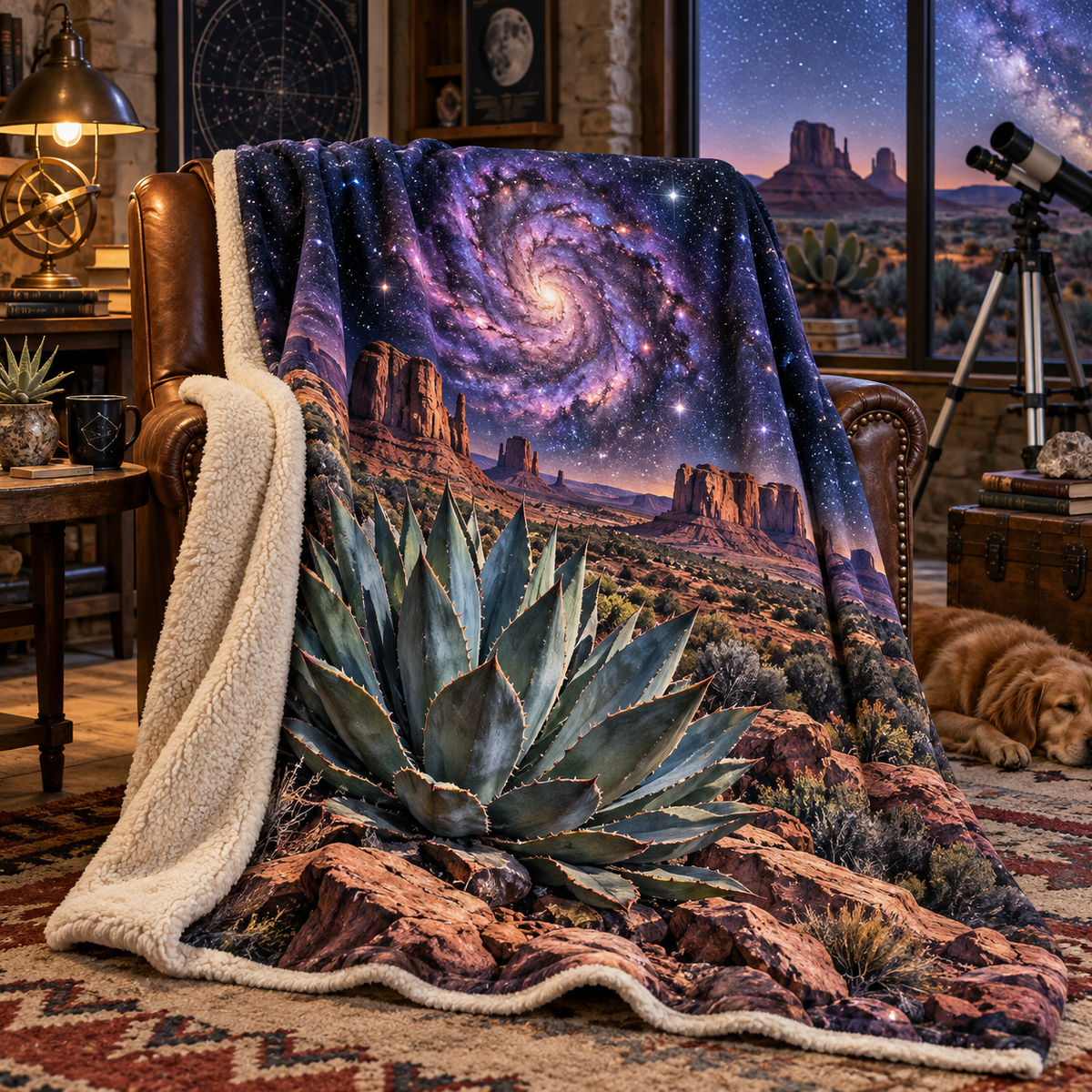 Agave Nebula Atelier Sherpa & Fleece Blanket with printed optical 3D artwork in its use setting