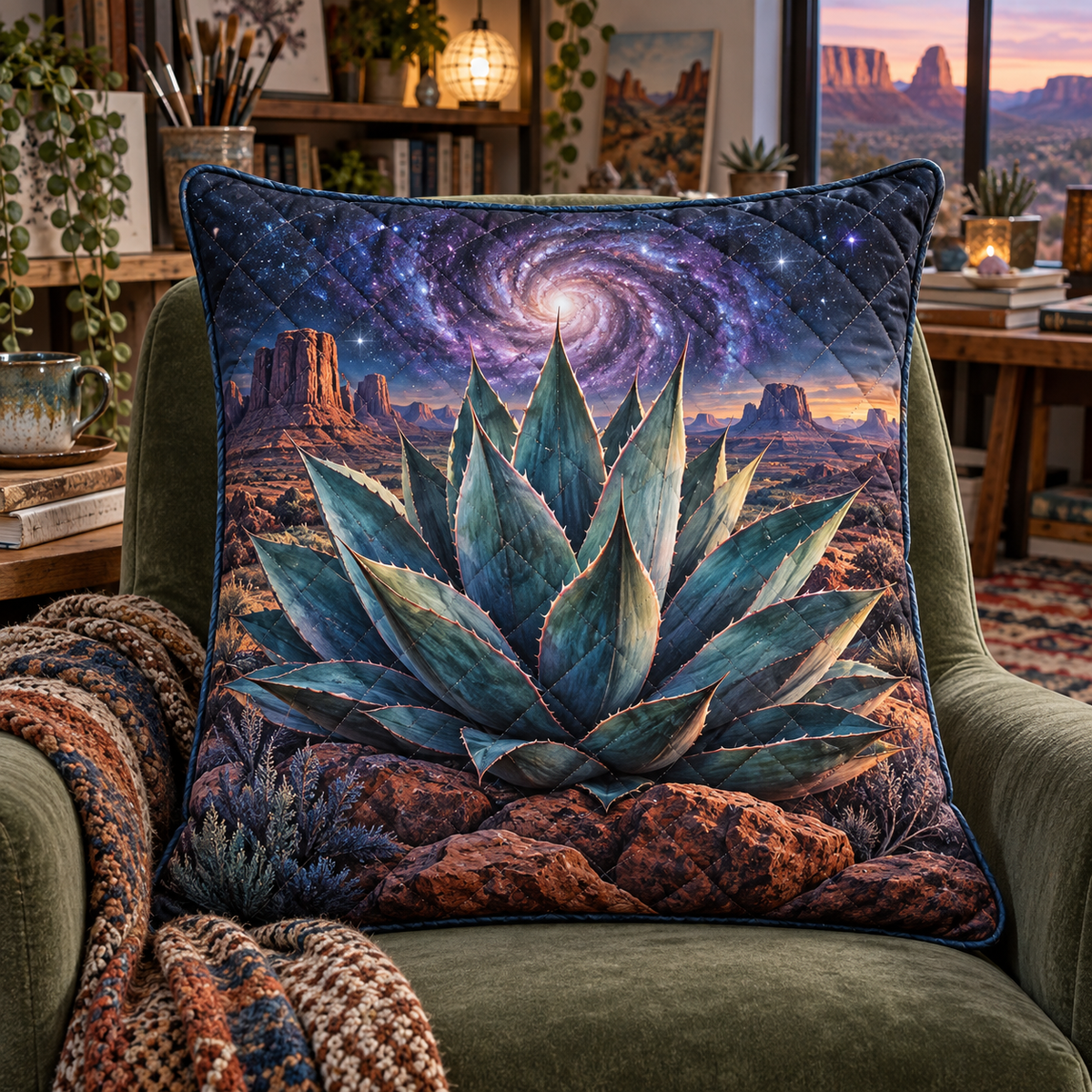 Agave Nebula Atelier Quilted Cushion Cover with printed optical 3D artwork in its use setting