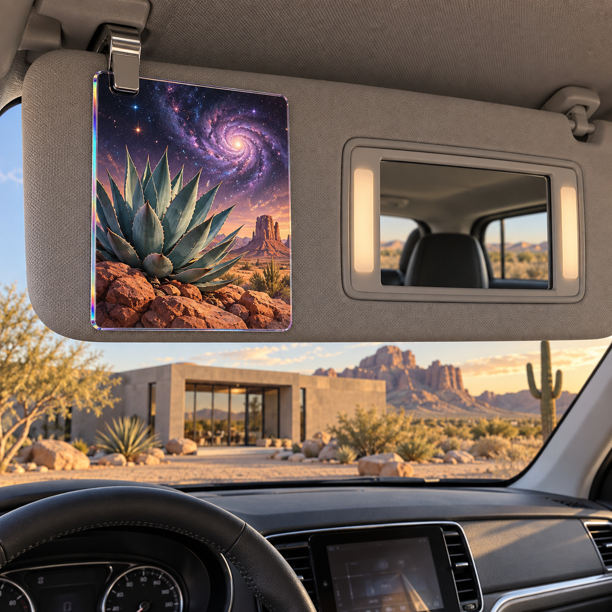 Agave Nebula Atelier Holographic Car Visor Clip with printed optical 3D artwork in its use setting