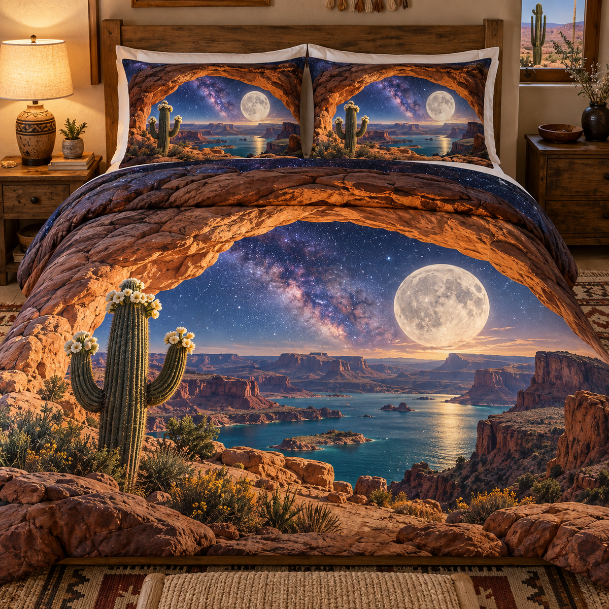 Starlit Mesa Welcome Quilted Bedding Set with printed optical 3D artwork in its use setting