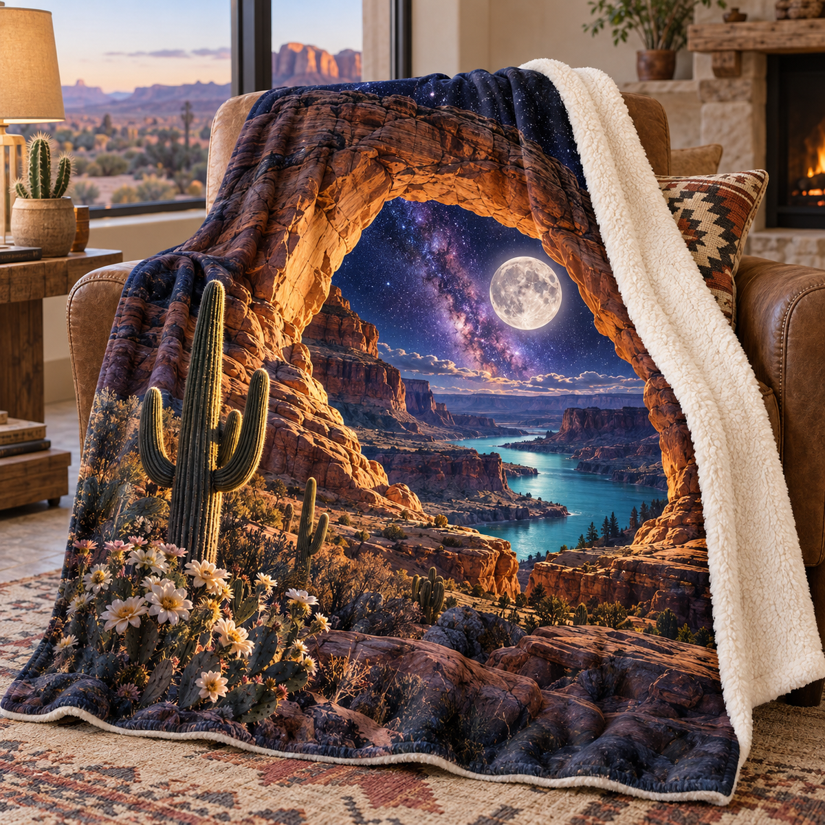 Starlit Mesa Welcome Sherpa & Fleece Blanket with printed optical 3D artwork in its use setting