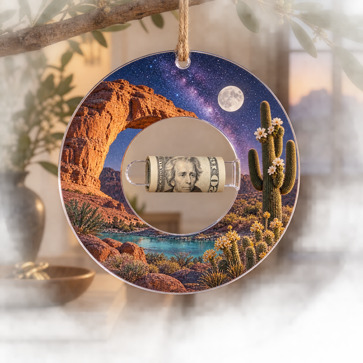 Starlit Mesa Welcome Acrylic Cash Holder Ornament with printed optical 3D artwork in its use setting