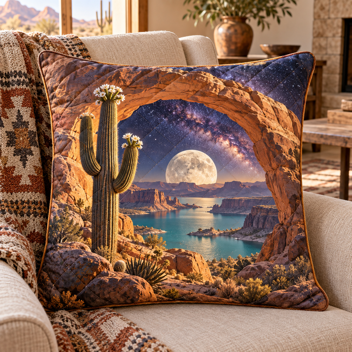 Starlit Mesa Welcome Quilted Cushion Cover with printed optical 3D artwork in its use setting