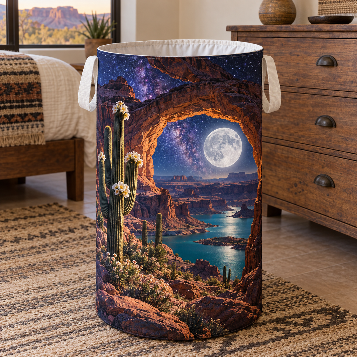 Starlit Mesa Welcome Laundry Hamper with printed optical 3D artwork in its use setting