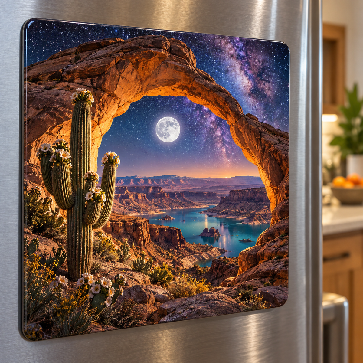 Starlit Mesa Welcome Acrylic Refrigerator Magnet with printed optical 3D artwork in its use setting