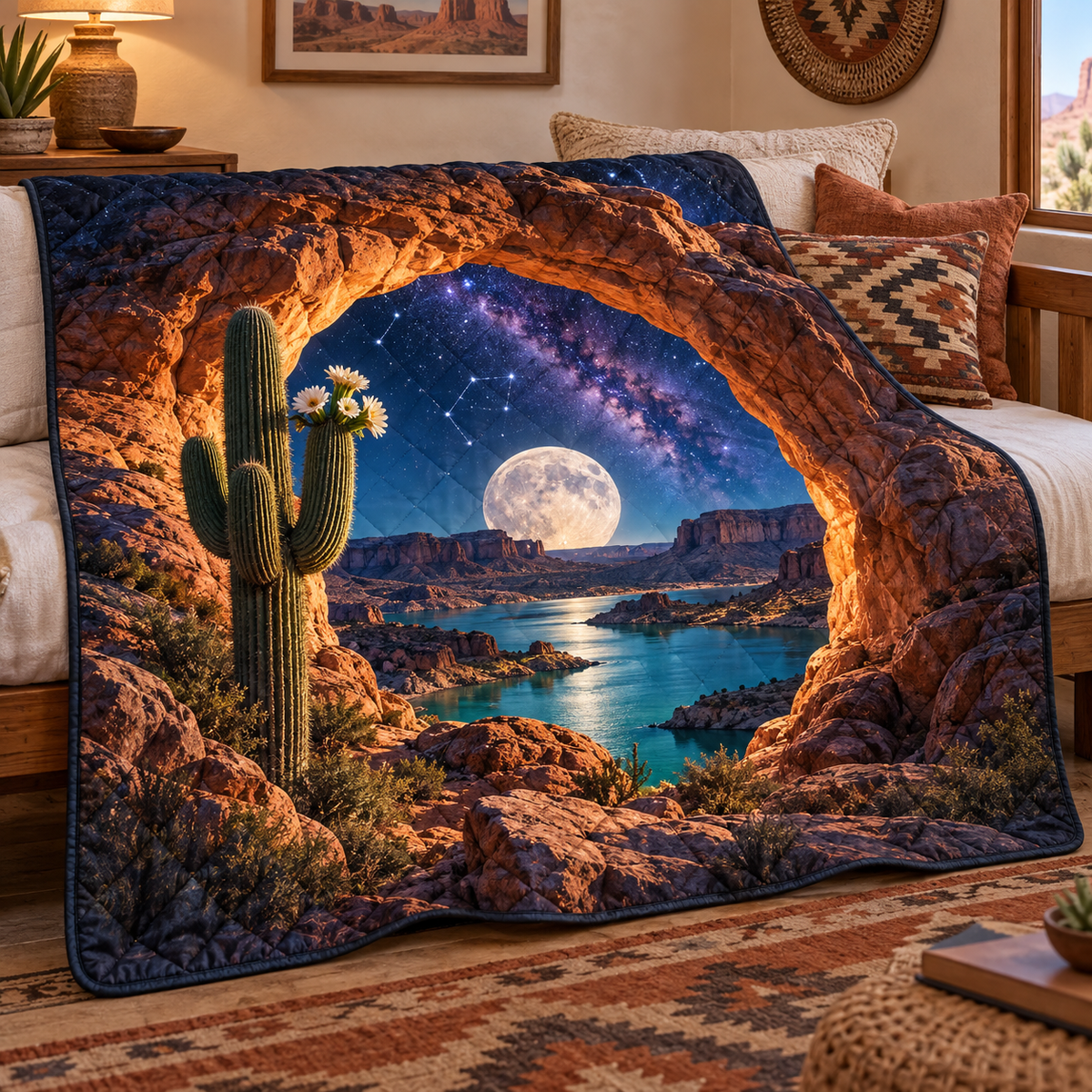 Starlit Mesa Welcome Quilt Blanket with printed optical 3D artwork in its use setting
