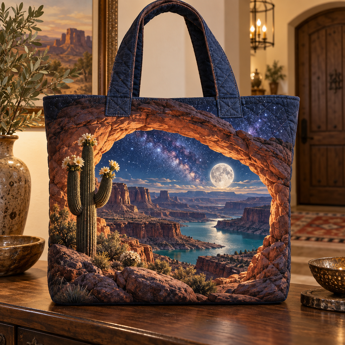 Starlit Mesa Welcome Quilted Tote Bag with printed optical 3D artwork in its use setting
