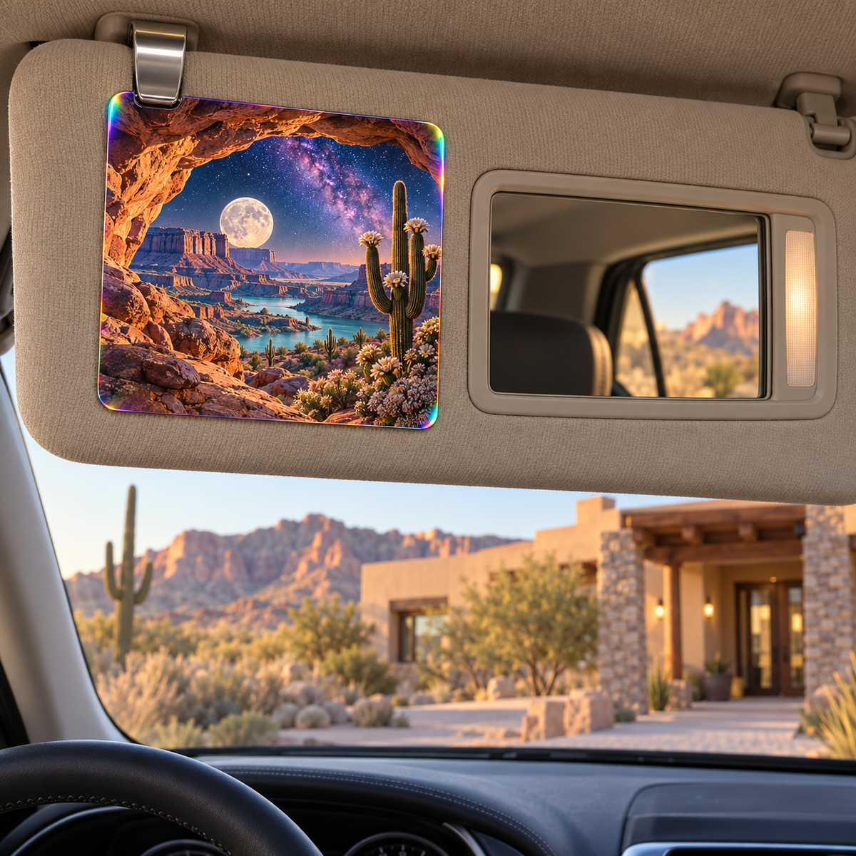Starlit Mesa Welcome Holographic Car Visor Clip with printed optical 3D artwork in its use setting