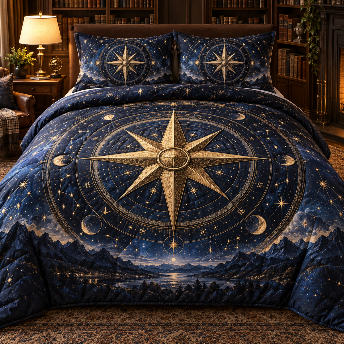 Celestial Compass Library Quilted Bedding Set with printed optical 3D artwork in its use setting