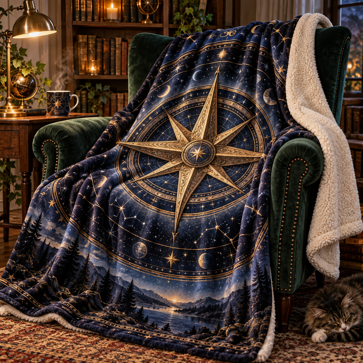 Celestial Compass Library Sherpa & Fleece Blanket with printed optical 3D artwork in its use setting
