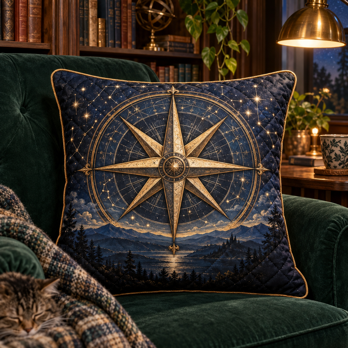 Celestial Compass Library Quilted Cushion Cover with printed optical 3D artwork in its use setting