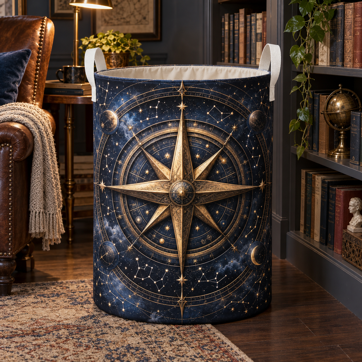 Celestial Compass Library Laundry Hamper with printed optical 3D artwork in its use setting