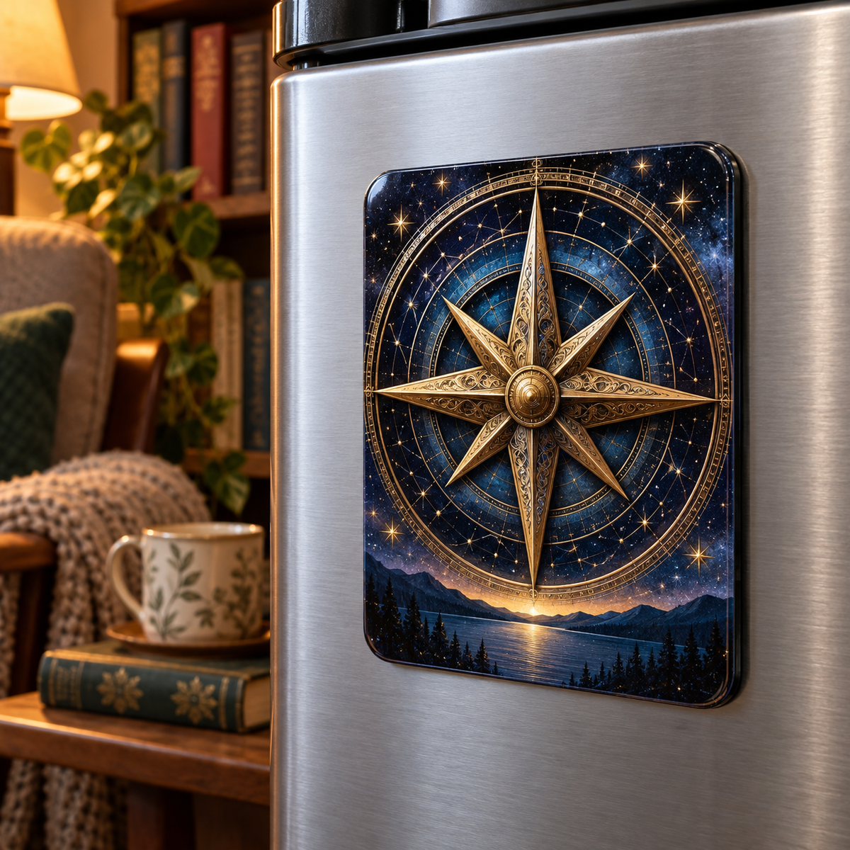 Celestial Compass Library Acrylic Refrigerator Magnet with printed optical 3D artwork in its use setting