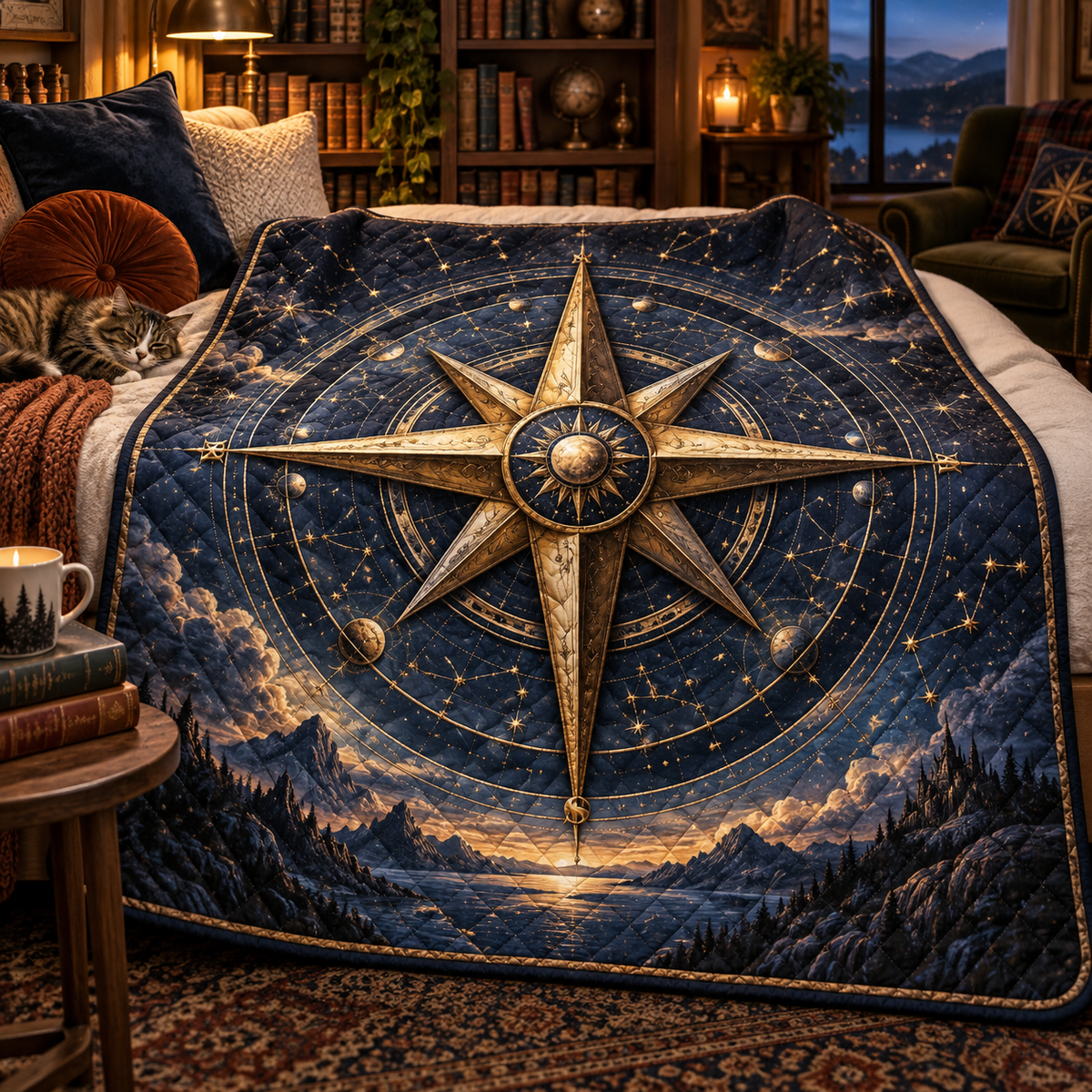 Celestial Compass Library Quilt Blanket with printed optical 3D artwork in its use setting