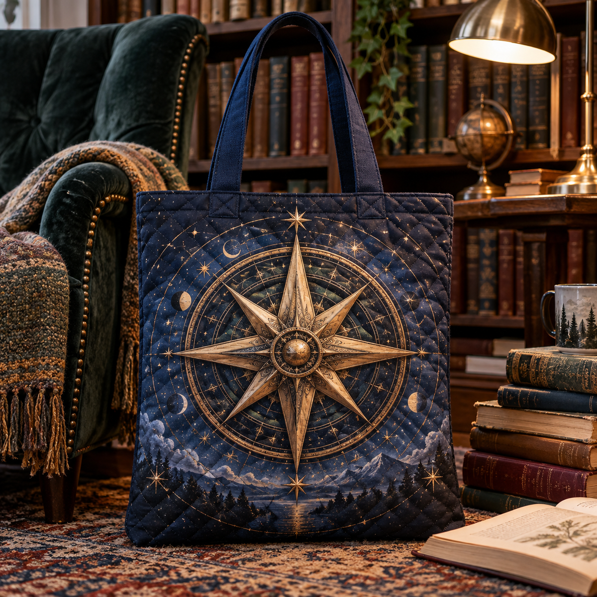 Celestial Compass Library Quilted Tote Bag with printed optical 3D artwork in its use setting