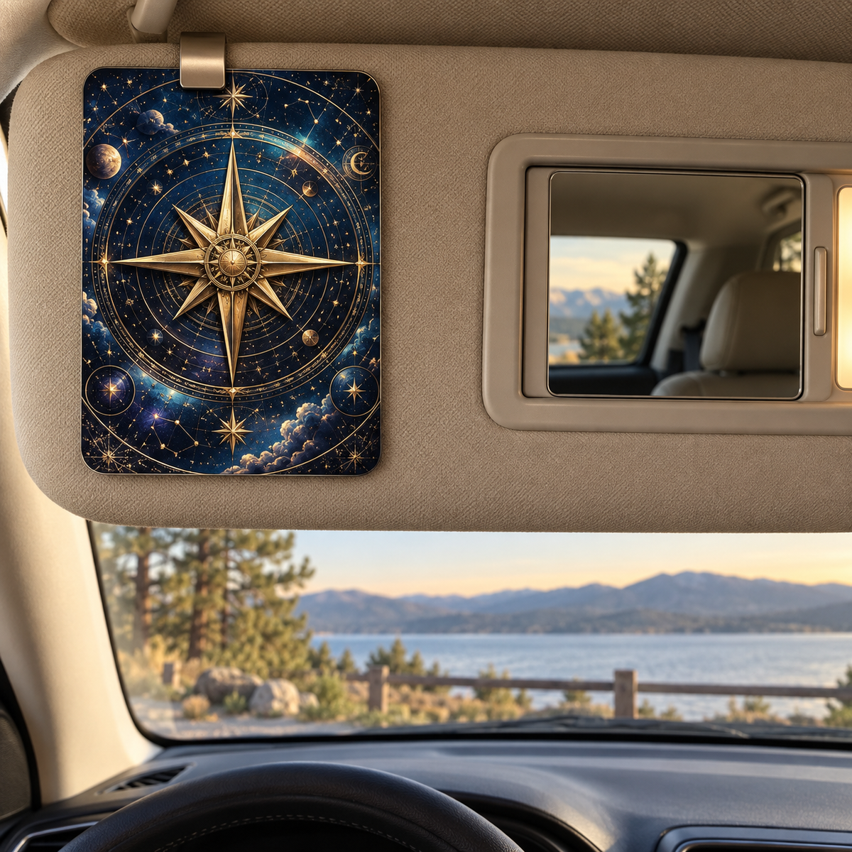 Celestial Compass Library Holographic Car Visor Clip with printed optical 3D artwork in its use setting