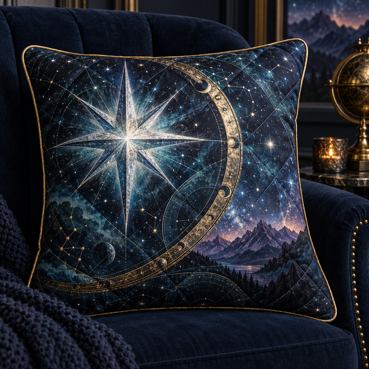 Northstar Atlas Chamber Quilted Cushion Cover with printed optical 3D artwork in its use setting