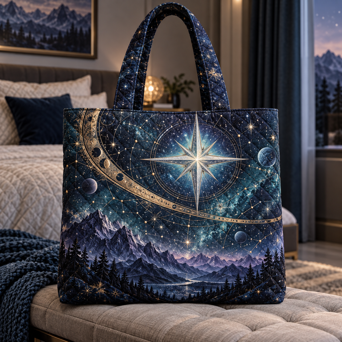 Northstar Atlas Chamber Quilted Tote Bag with printed optical 3D artwork in its use setting