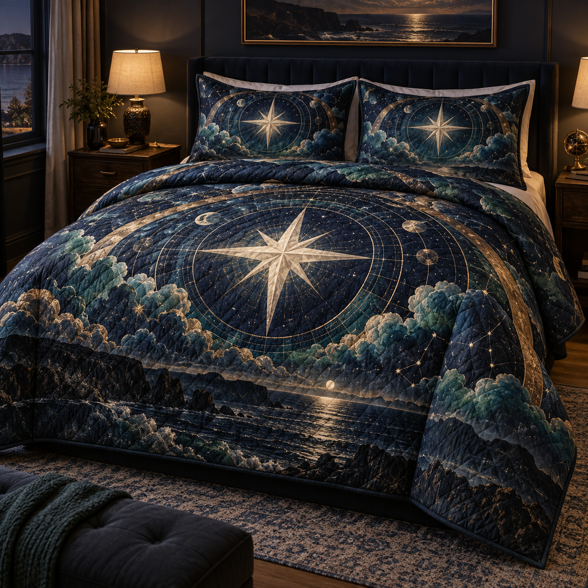 Celestial Meridian Salon Quilted Bedding Set with printed optical 3D artwork in its use setting