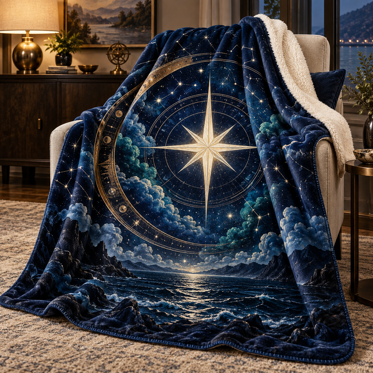 Celestial Meridian Salon Sherpa & Fleece Blanket with printed optical 3D artwork in its use setting