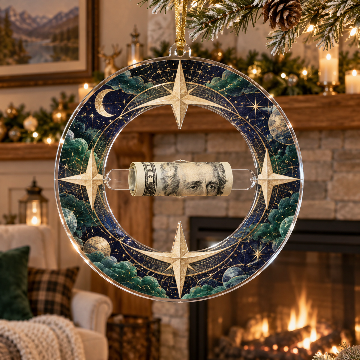 Celestial Meridian Salon Acrylic Cash Holder Ornament with printed optical 3D artwork in its use setting