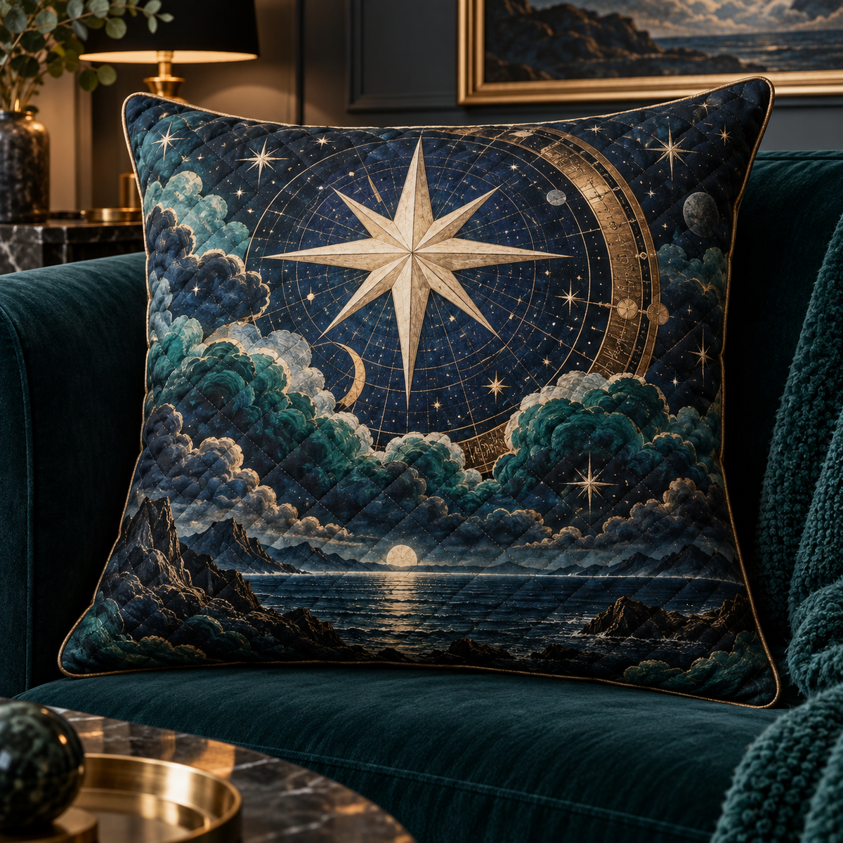 Celestial Meridian Salon Quilted Cushion Cover with printed optical 3D artwork in its use setting