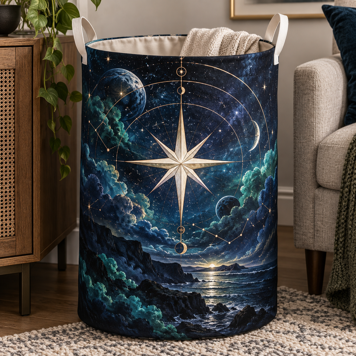 Celestial Meridian Salon Laundry Hamper with printed optical 3D artwork in its use setting