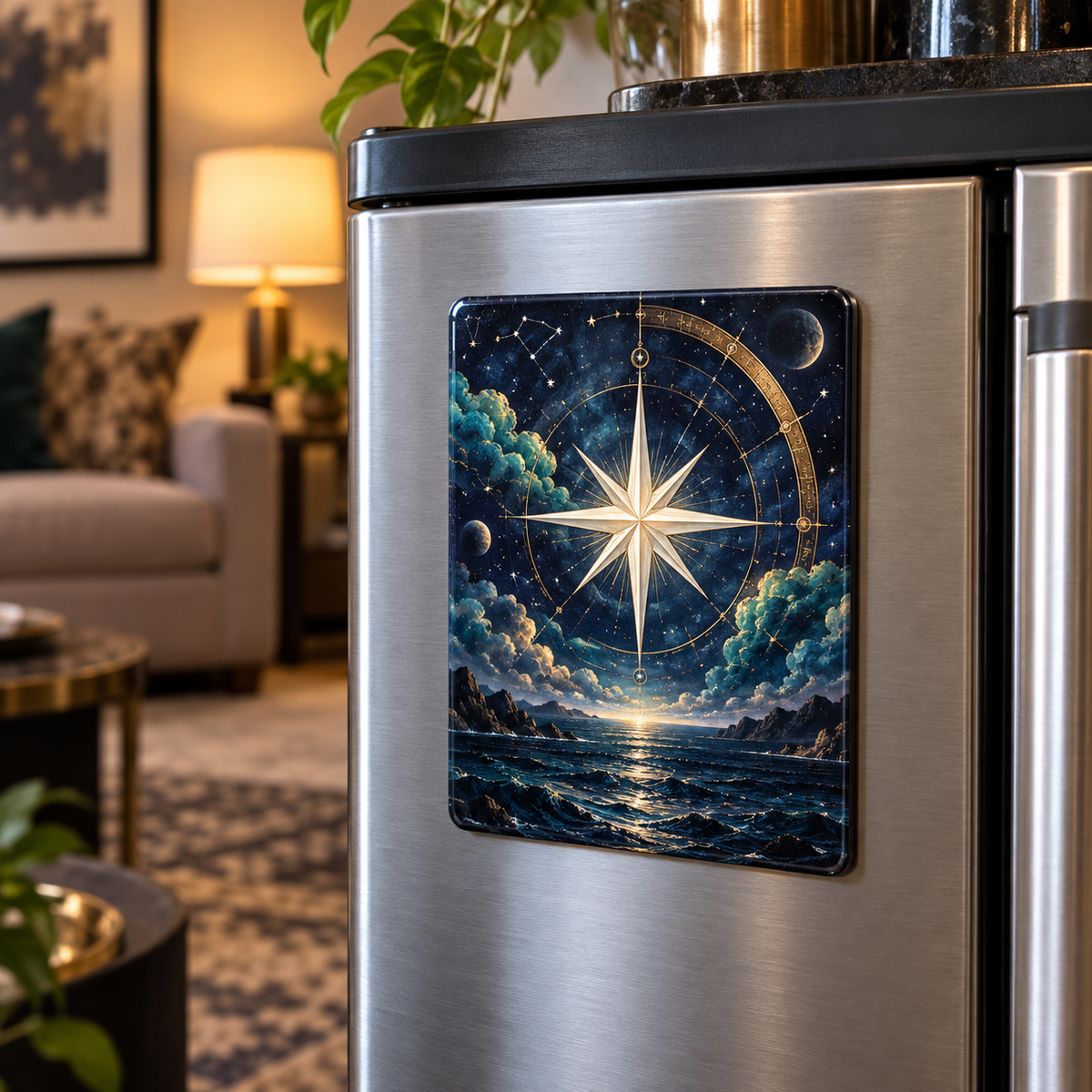 Celestial Meridian Salon Acrylic Refrigerator Magnet with printed optical 3D artwork in its use setting