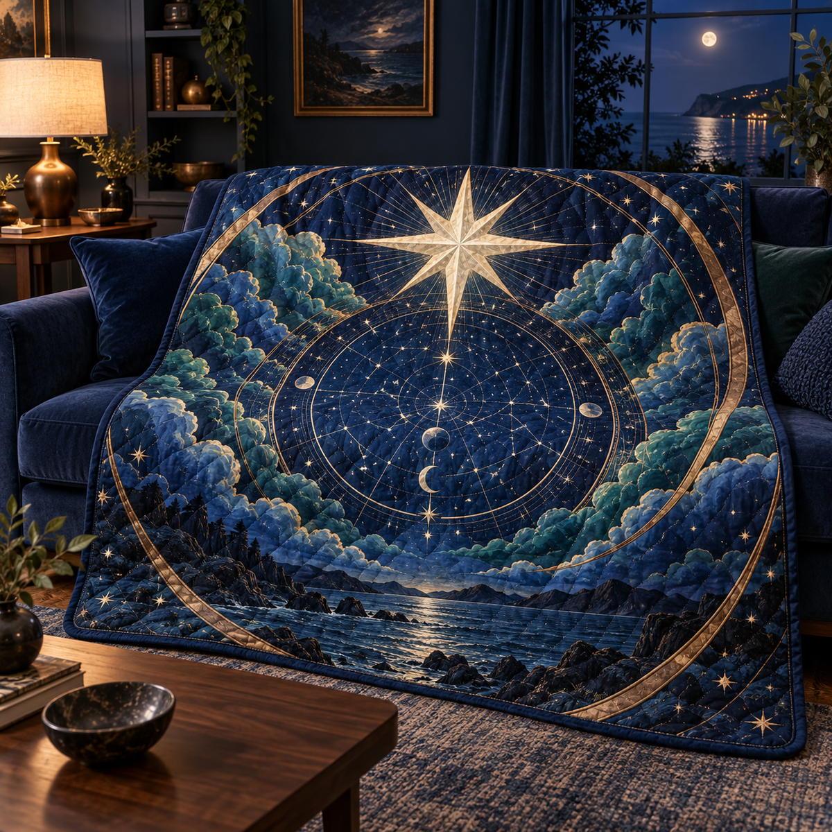 Celestial Meridian Salon Quilt Blanket with printed optical 3D artwork in its use setting