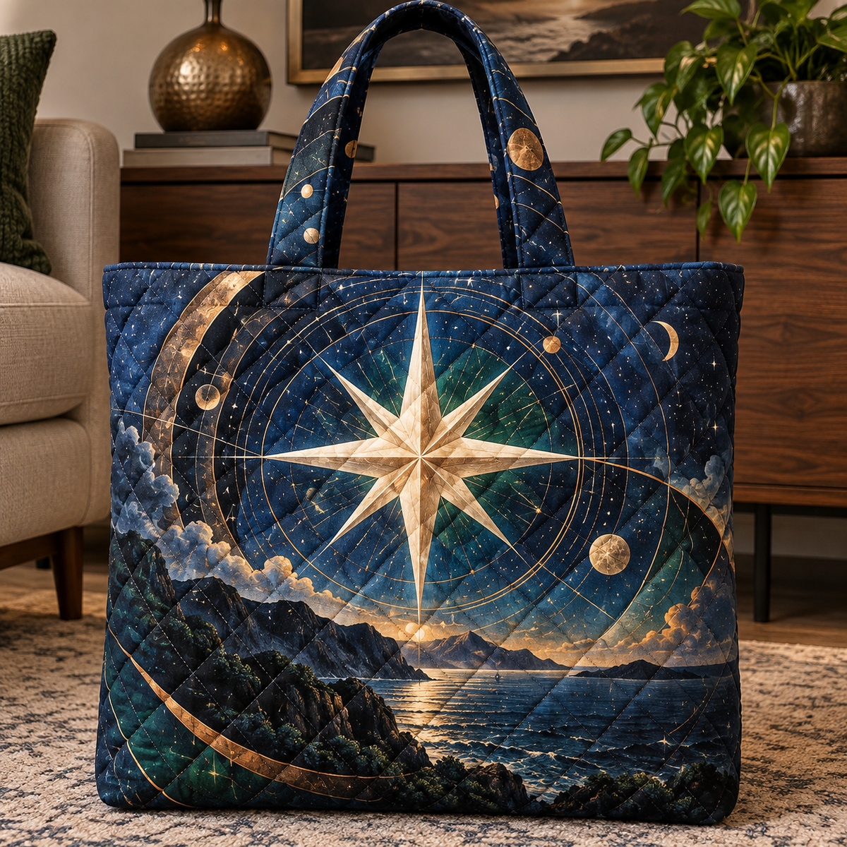 Celestial Meridian Salon Quilted Tote Bag with printed optical 3D artwork in its use setting
